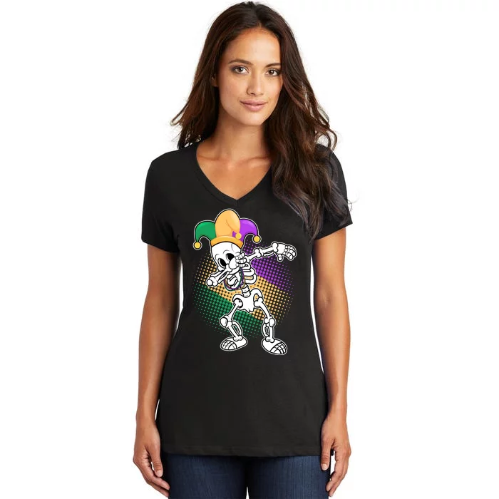 Dabbing Mardi Gras Skeleton Women's V-Neck T-Shirt