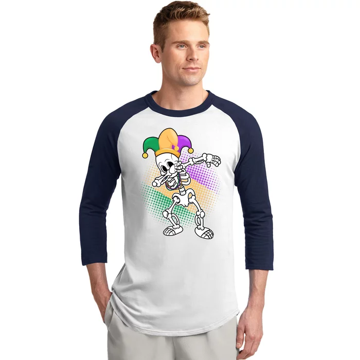 Dabbing Mardi Gras Skeleton Baseball Sleeve Shirt