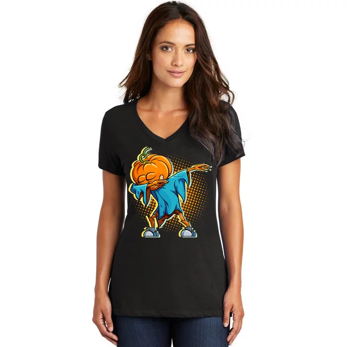 Dabbing Pumpkin Head Cool Funny Halloween Women's V-Neck T-Shirt