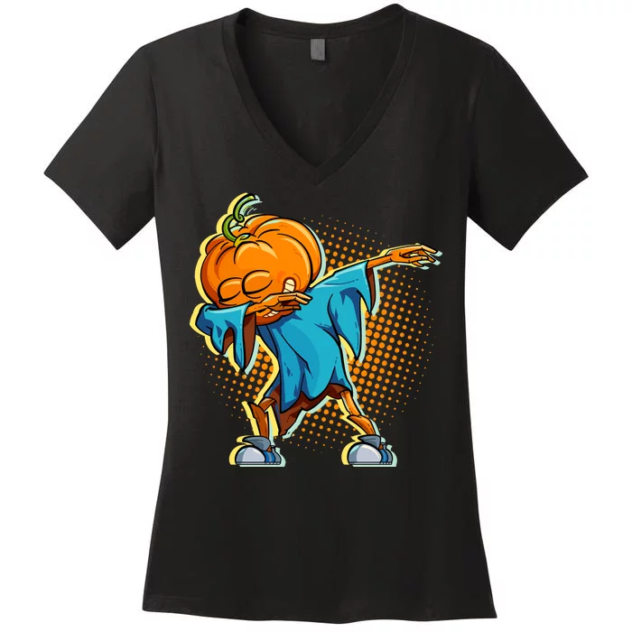 Dabbing Pumpkin Head Cool Funny Halloween Women's V-Neck T-Shirt