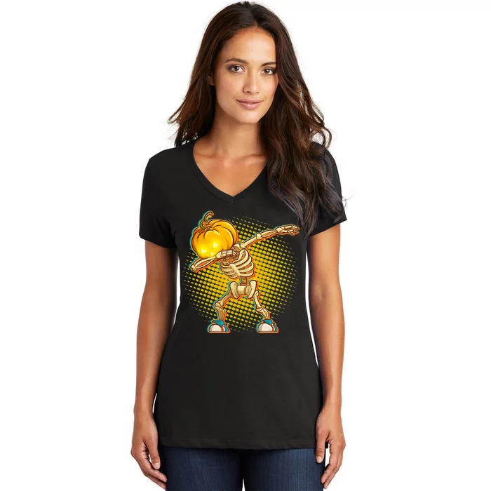 Dabbing Pumpkin Head Skeleton Women's V-Neck T-Shirt