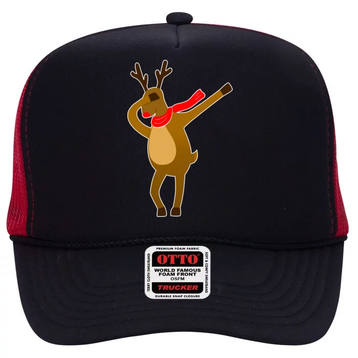 Dabbing Red Nose Reindeer Christmas High Crown Mesh Trucker Hat