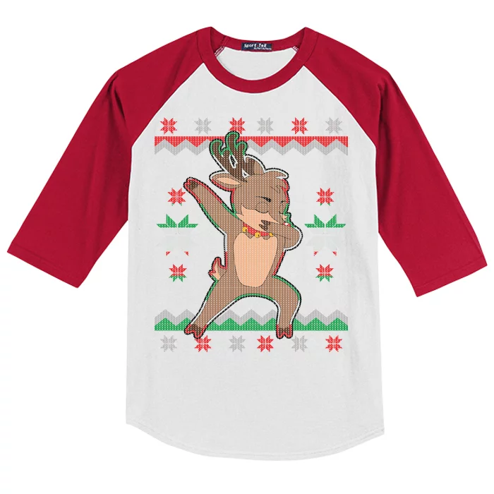 Dabbing Reindeer Ugly Christmas Kids Colorblock Raglan Jersey