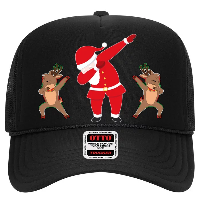 Dabbing Santa And Reindeer Funny Christmas High Crown Mesh Trucker Hat