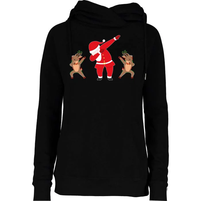 Dabbing Santa And Reindeer Funny Christmas Womens Funnel Neck Pullover Hood