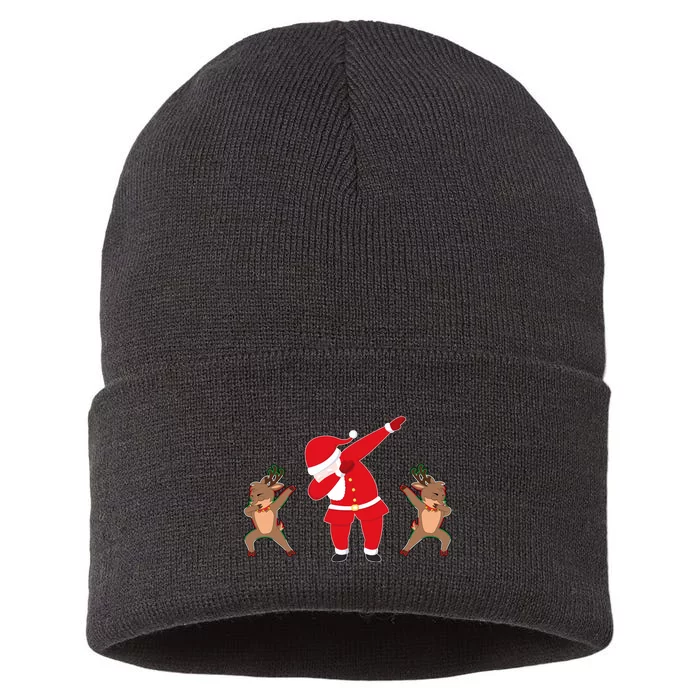 Dabbing Santa And Reindeer Funny Christmas Sustainable Knit Beanie