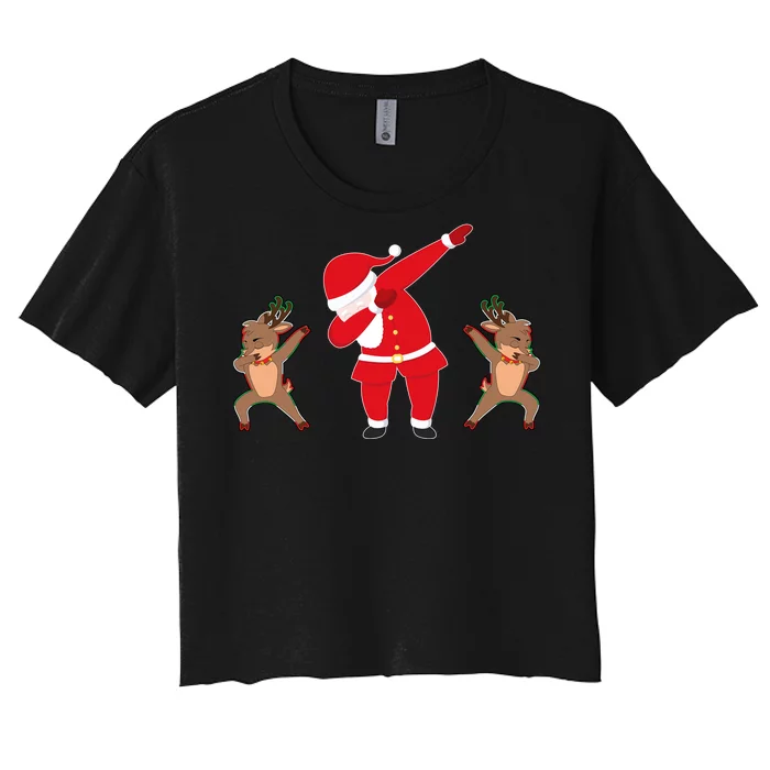 Dabbing Santa And Reindeer Funny Christmas Women's Crop Top Tee