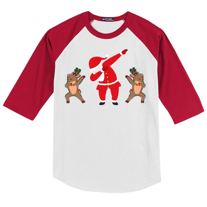 Dabbing Santa And Reindeer Funny Christmas Kids Colorblock Raglan Jersey