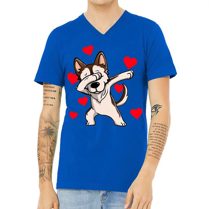 Dabbing Siberian Husky Valentines Day V-Neck T-Shirt