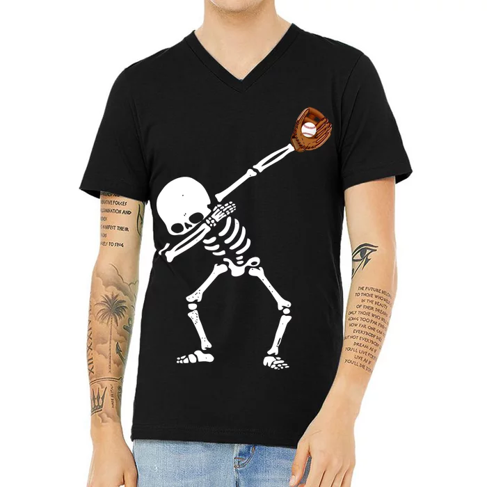 Dabbing Skeleton Baseball Glove Catch Dab V-Neck T-Shirt