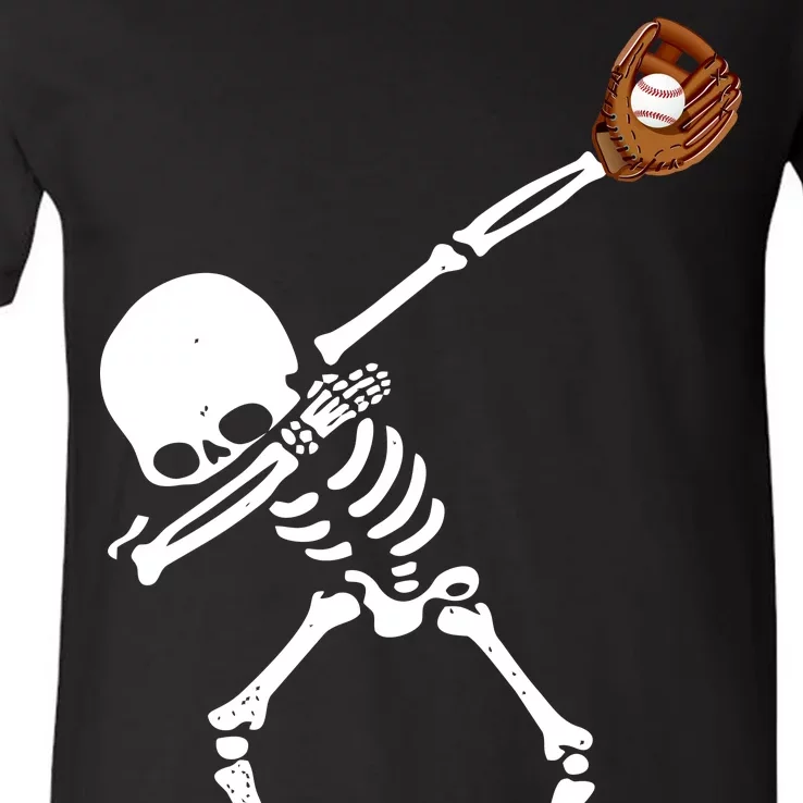 Dabbing Skeleton Baseball Glove Catch Dab V-Neck T-Shirt