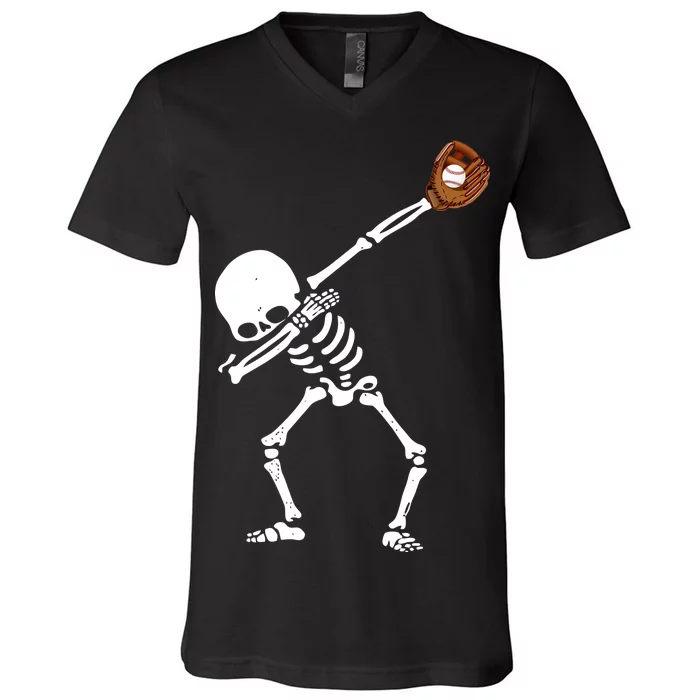 Dabbing Skeleton Baseball Glove Catch Dab V-Neck T-Shirt