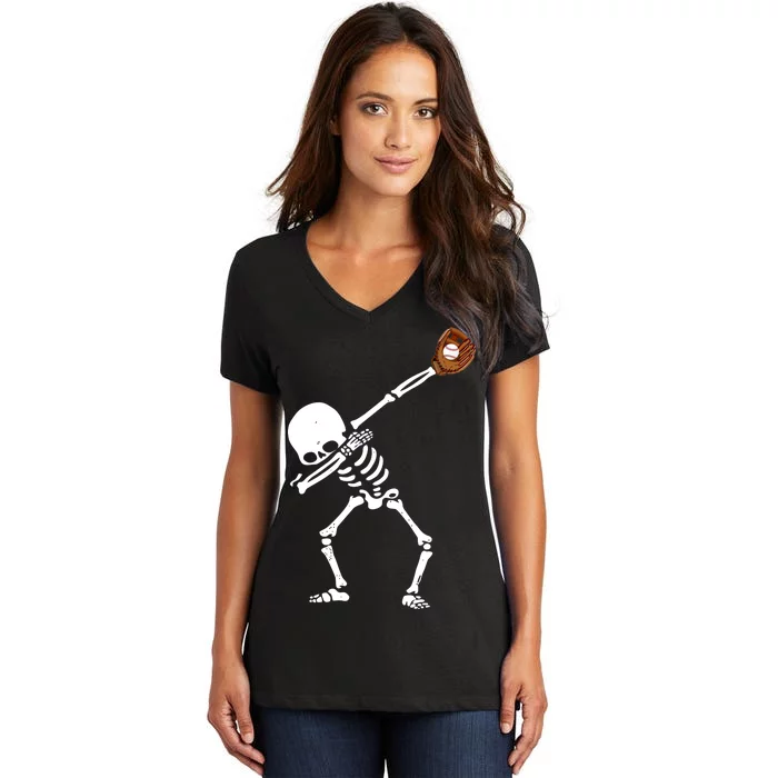 Dabbing Skeleton Baseball Glove Catch Dab Women's V-Neck T-Shirt