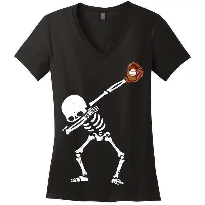 Dabbing Skeleton Baseball Glove Catch Dab Women's V-Neck T-Shirt