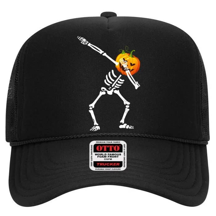 Dabbing Skeleton Pumpkin Face Halloween High Crown Mesh Trucker Hat