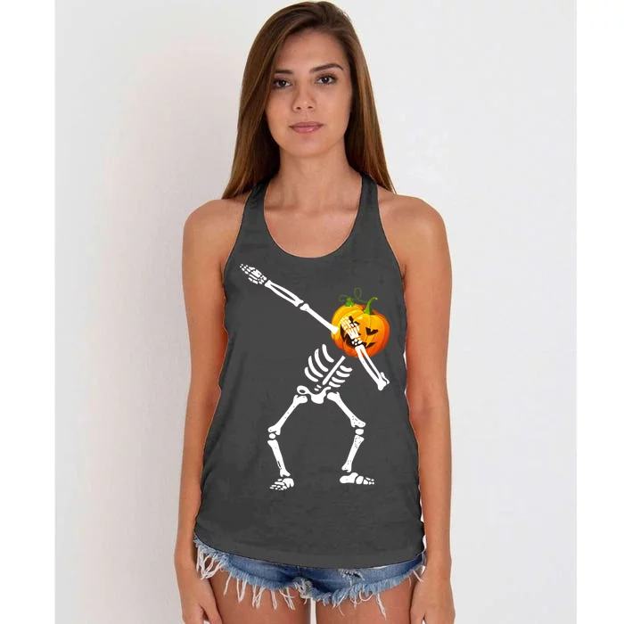 Dabbing Skeleton Pumpkin Face Halloween Women's Knotted Racerback Tank