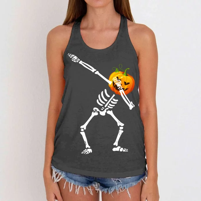 Dabbing Skeleton Pumpkin Face Halloween Women's Knotted Racerback Tank