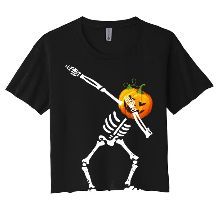 Dabbing Skeleton Pumpkin Face Halloween Women's Crop Top Tee