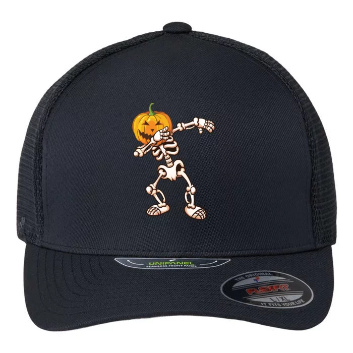 Dabbing Skeleton Pumpkin Head Flexfit Unipanel Trucker Cap