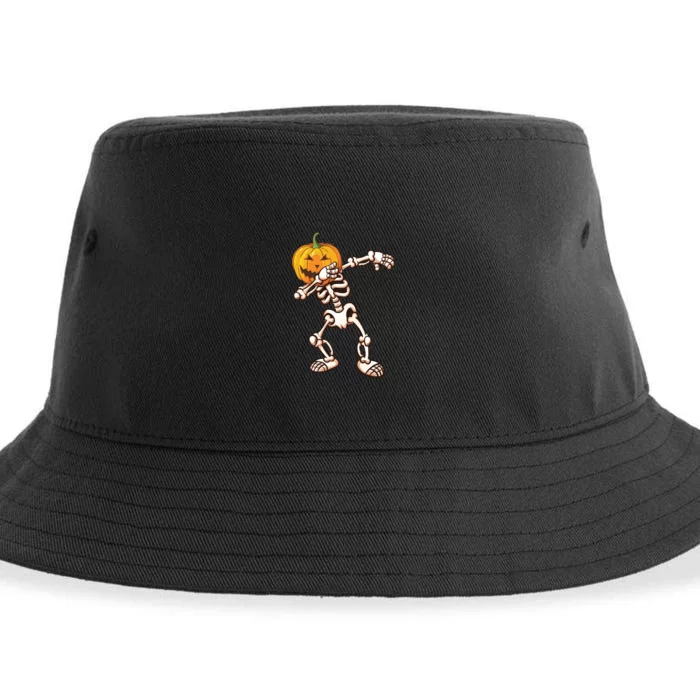 Dabbing Skeleton Pumpkin Head Sustainable Bucket Hat