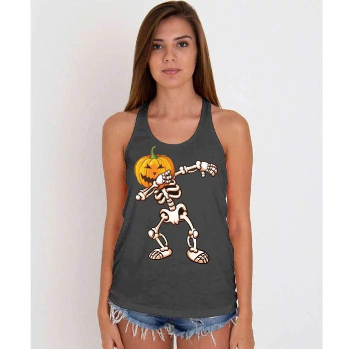 Dabbing Skeleton Pumpkin Head Women's Knotted Racerback Tank