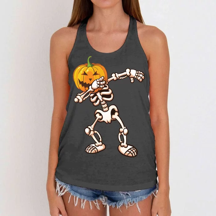 Dabbing Skeleton Pumpkin Head Women's Knotted Racerback Tank