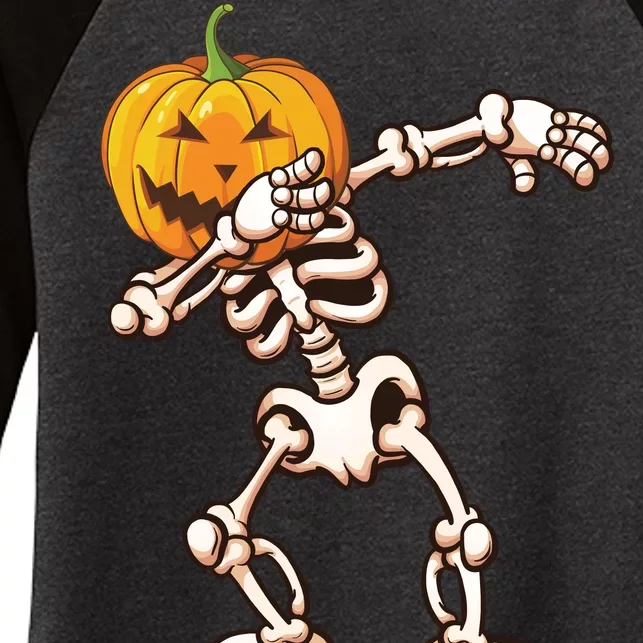 Dabbing Skeleton Pumpkin Head Women's Tri-Blend 3/4-Sleeve Raglan Shirt