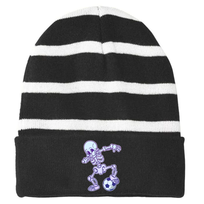 Dabbing Soccer Skeleton Striped Beanie with Solid Band