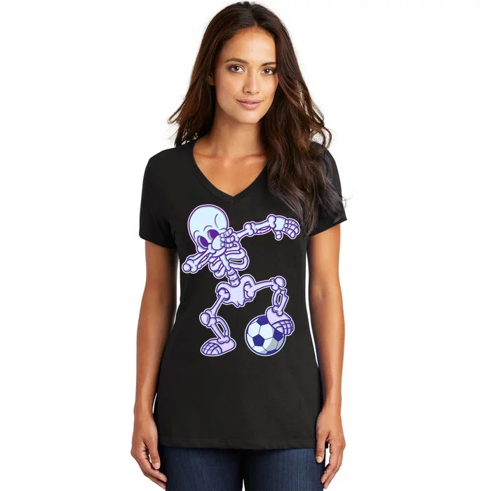 Dabbing Soccer Skeleton Women's V-Neck T-Shirt