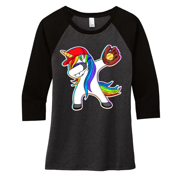 Dabbing Softball Unicorn Women's Tri-Blend 3/4-Sleeve Raglan Shirt