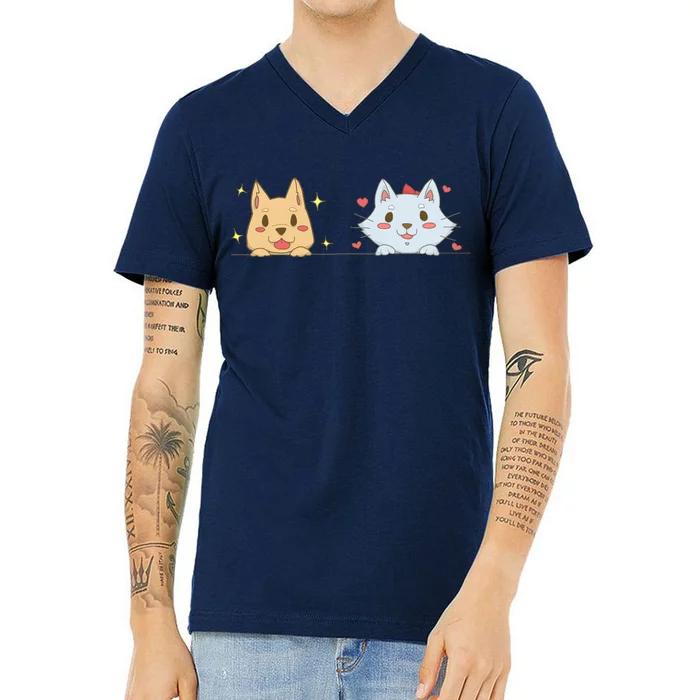 Dog And Cat Cute Animal Lover V-Neck T-Shirt