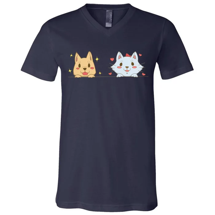 Dog And Cat Cute Animal Lover V-Neck T-Shirt