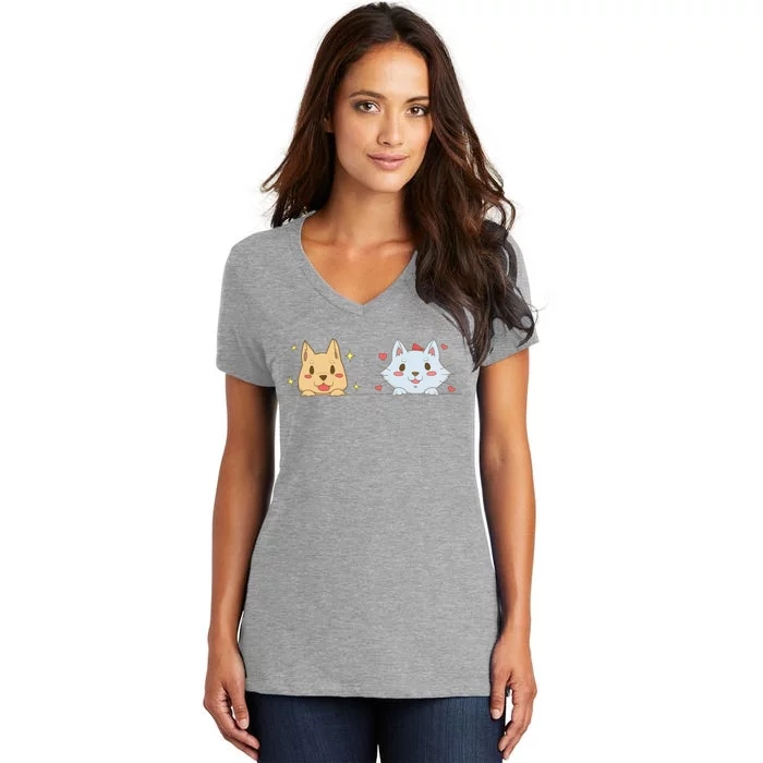 Dog And Cat Cute Animal Lover Women's V-Neck T-Shirt