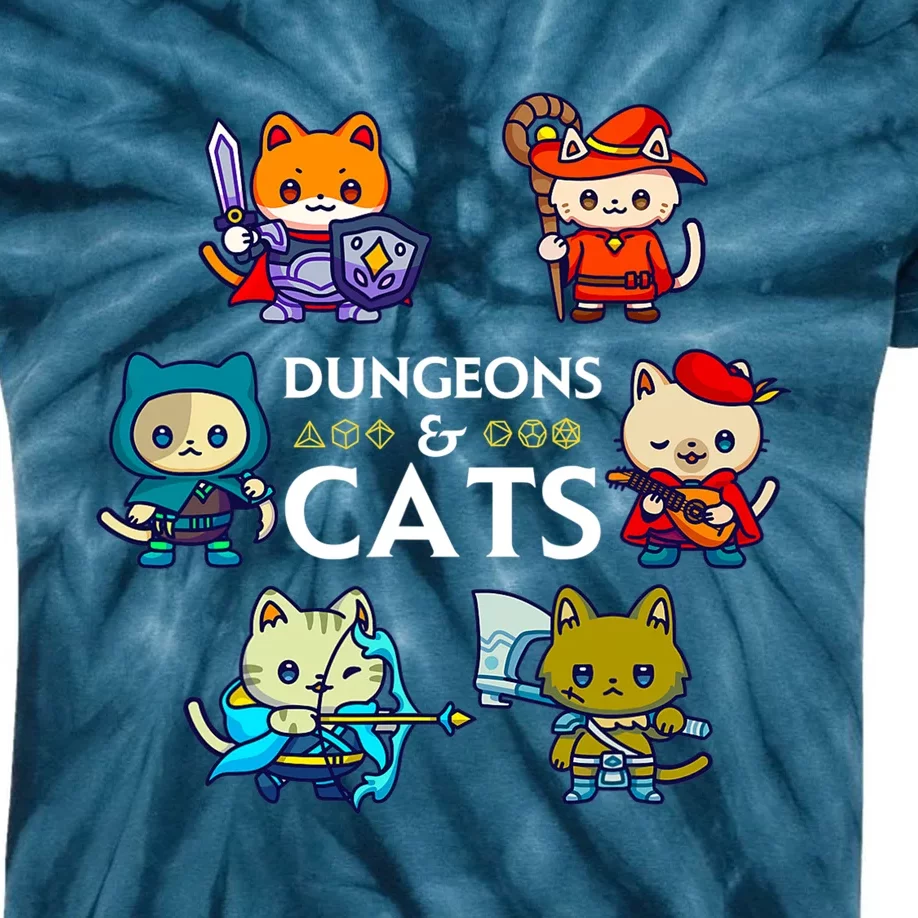 Dungeons And Cats RPG D20 Dice Nerdy Fantasy Gamer Cat Gift Kids Tie-Dye T-Shirt