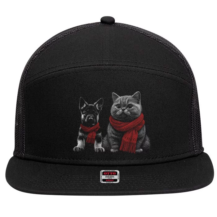 Dog And Cat Wearing Red Scarves Realistic 7 Panel Mesh Trucker Snapback Hat