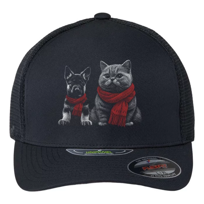 Dog And Cat Wearing Red Scarves Realistic Flexfit Unipanel Trucker Cap