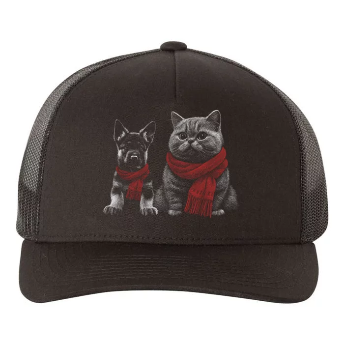 Dog And Cat Wearing Red Scarves Realistic Yupoong Adult 5-Panel Trucker Hat