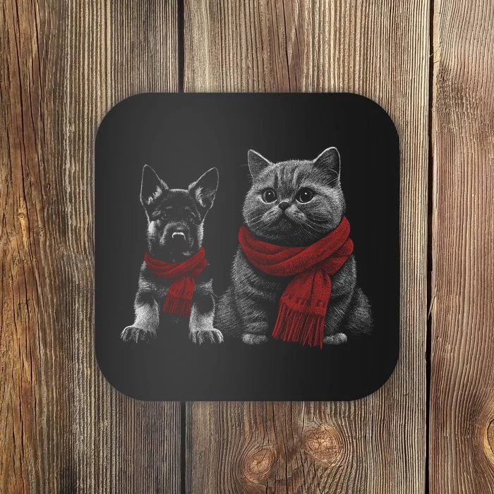 Dog And Cat Wearing Red Scarves Realistic Coaster