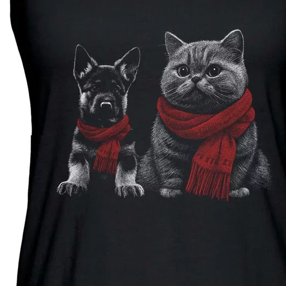 Dog And Cat Wearing Red Scarves Realistic Ladies Essential Flowy Tank