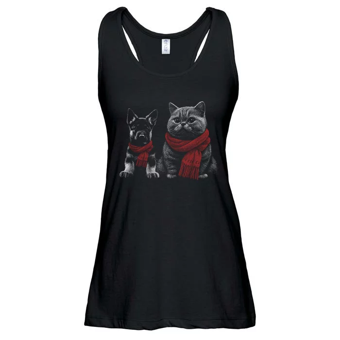 Dog And Cat Wearing Red Scarves Realistic Ladies Essential Flowy Tank