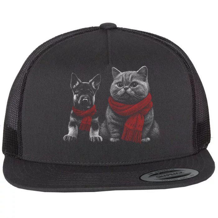 Dog And Cat Wearing Red Scarves Realistic Flat Bill Trucker Hat