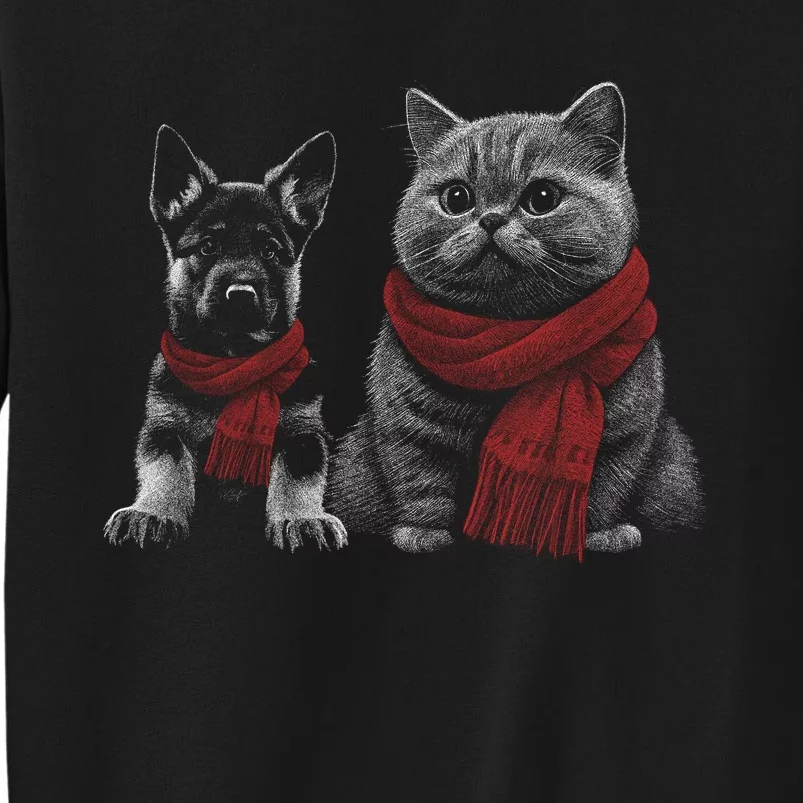 Dog And Cat Wearing Red Scarves Realistic Tall Sweatshirt