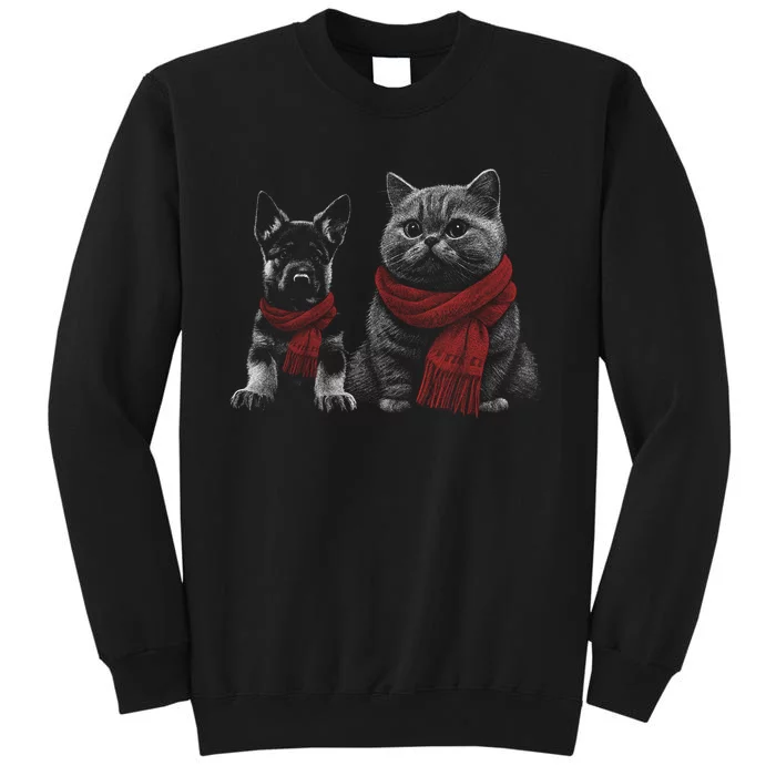 Dog And Cat Wearing Red Scarves Realistic Tall Sweatshirt