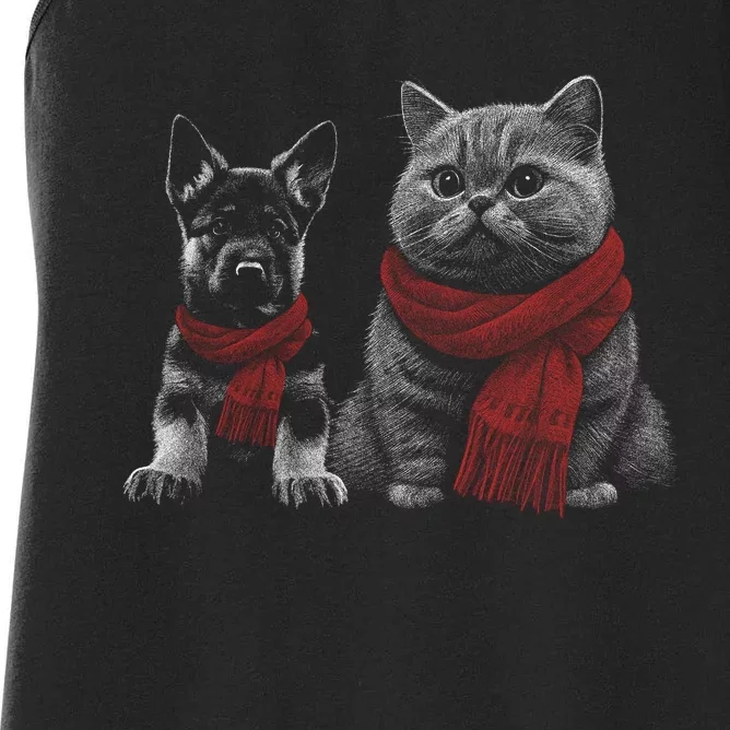 Dog And Cat Wearing Red Scarves Realistic Women's Racerback Tank