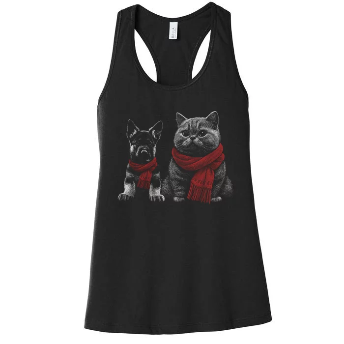 Dog And Cat Wearing Red Scarves Realistic Women's Racerback Tank