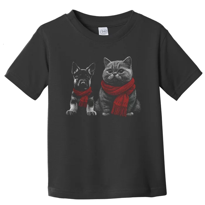 Dog And Cat Wearing Red Scarves Realistic Toddler T-Shirt