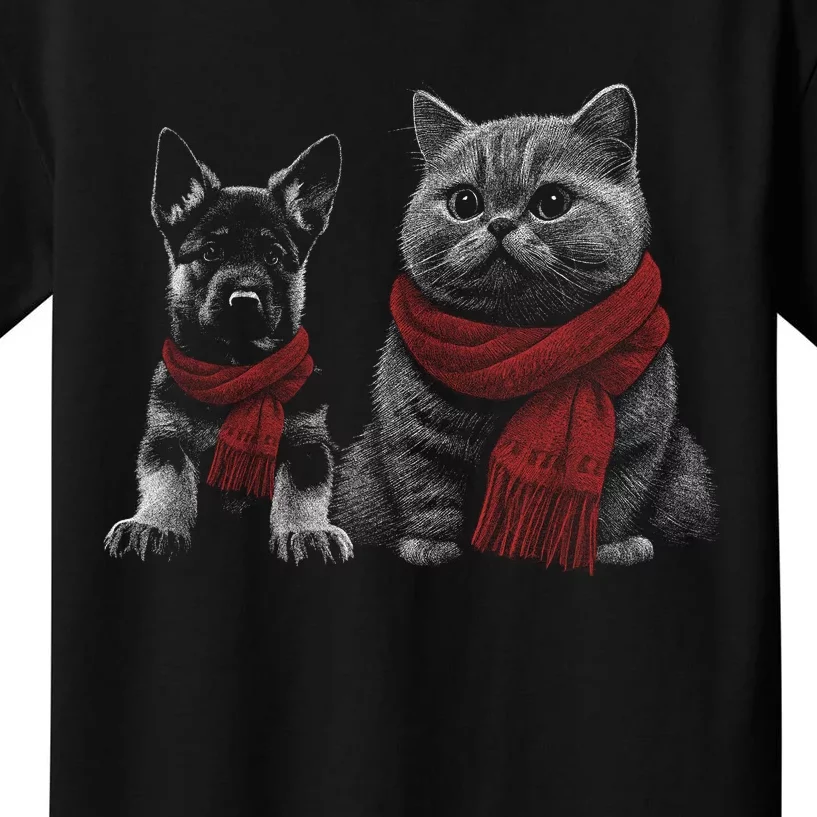 Dog And Cat Wearing Red Scarves Realistic Kids T-Shirt