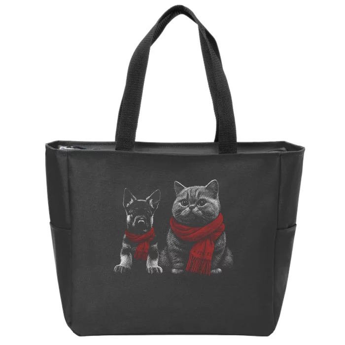 Dog And Cat Wearing Red Scarves Realistic Zip Tote Bag