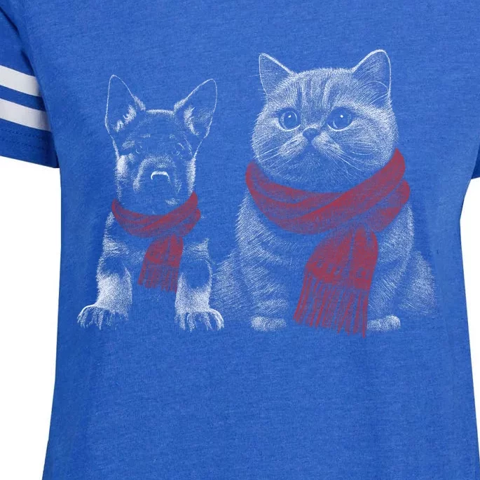 Dog And Cat Wearing Red Scarves Realistic Enza Ladies Jersey Football T-Shirt