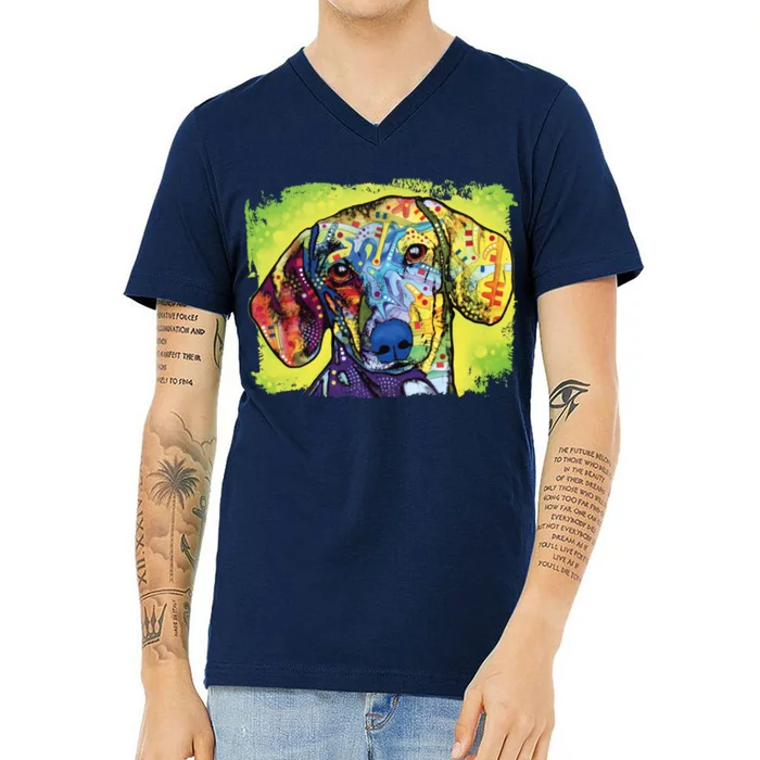 Dachshund Rainbow Dog Face V-Neck T-Shirt